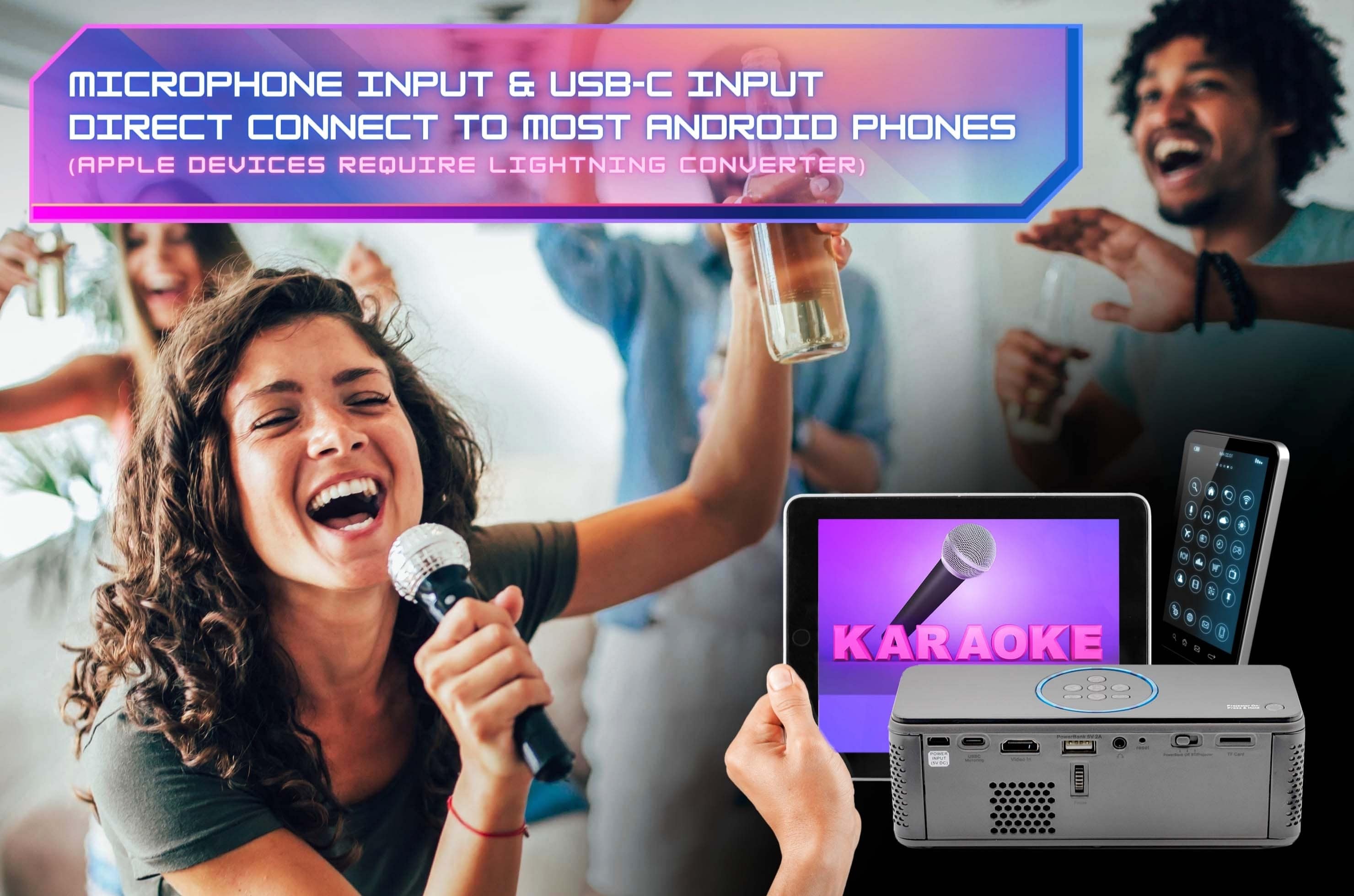 AAXA's BP1K Portable Karaoke Projector with users holding a microphone and singing having fun.