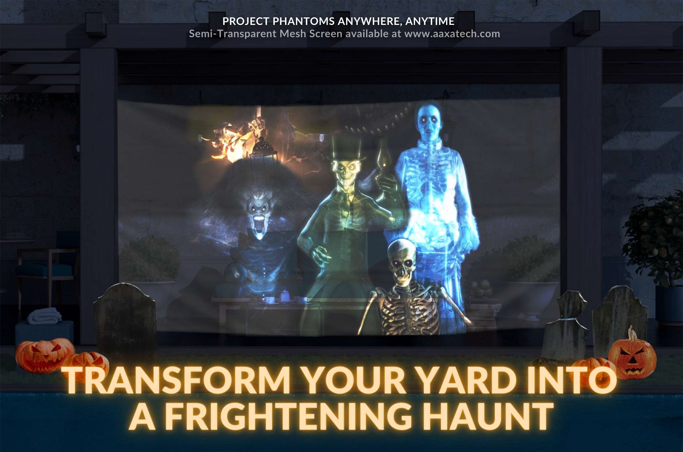 AAXA's Semi-Transparent Mesh Screen with ghosts, phantoms projected on it on front porch.