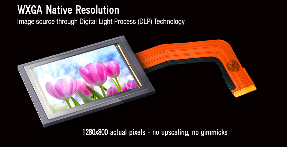 WXGA native resolution image source through Digital Light Process (DLP) technology. 1280x800 actual pixels - no upscaling, no gimmicks.