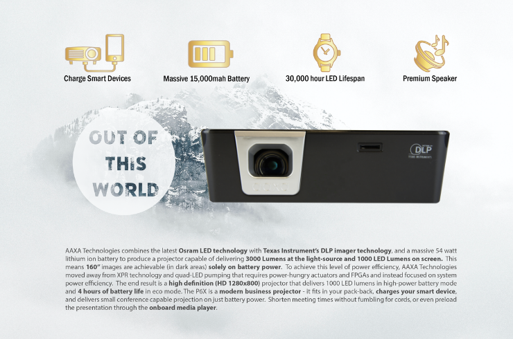 Summary - P6X can charge smart devices, has a massive 15000mah battery, 30,000 hour LED lifespan, and premium speakers, projects up to 160inch images (in dark areas) on battery power,
4 hours of battery, high definition (HD 1280x800), onboard media player, modern business projector.