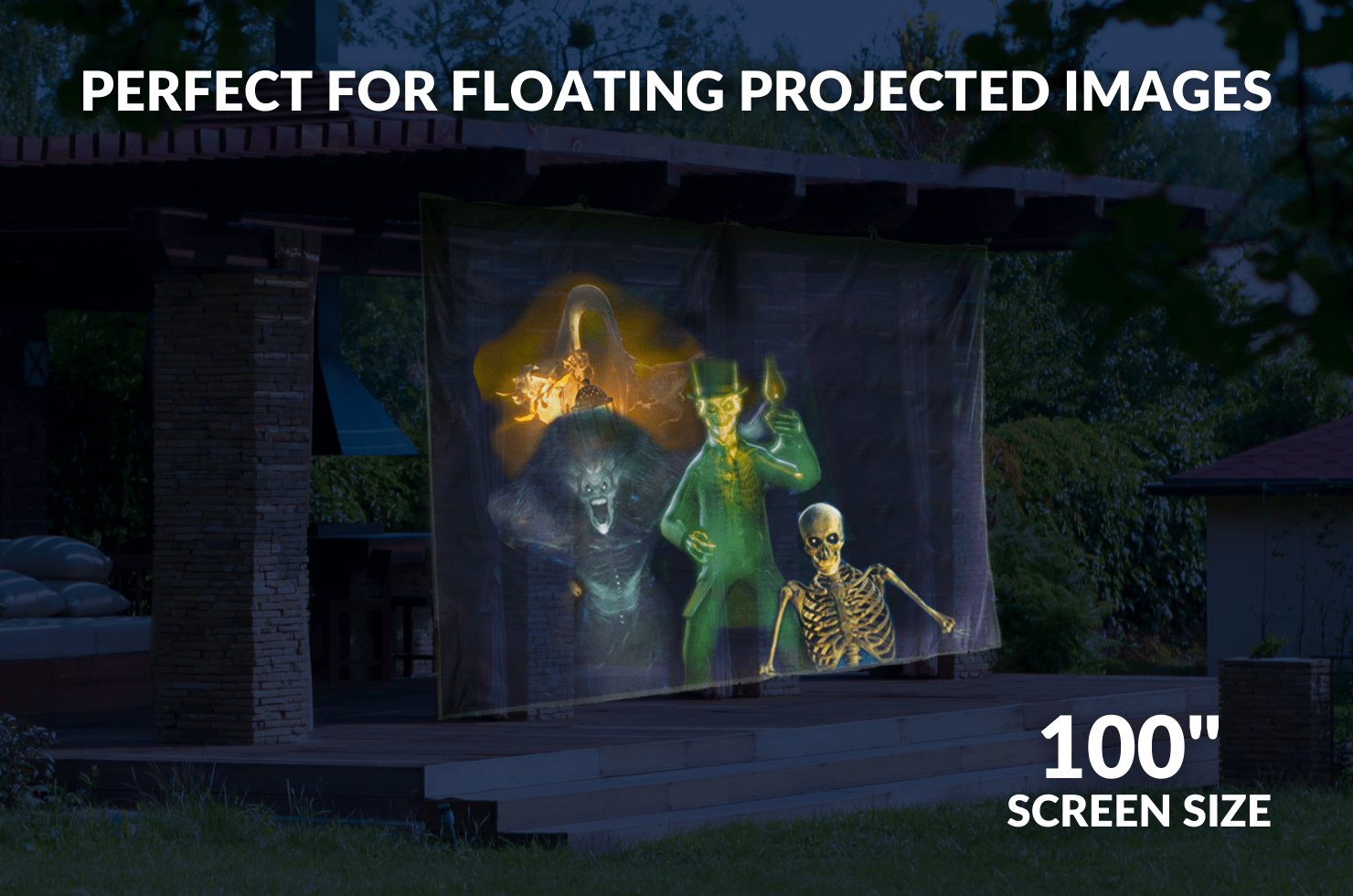 Projection screen hanging in over a patio with large ghouls, ghosts, and skeleton projected on a 100inch screen.