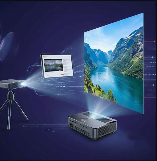 AAXA pico projector projecting a mountain landscape onto a screen