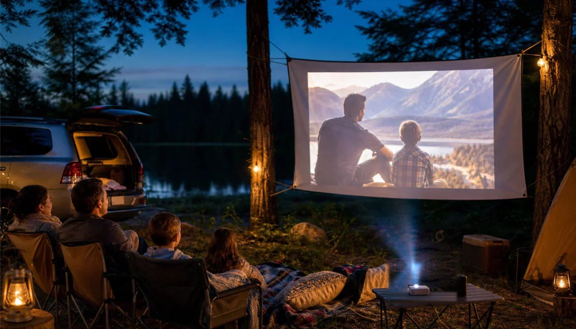 A family watching a film on a large screen outdoors at dusk, lit by an AAXA projector